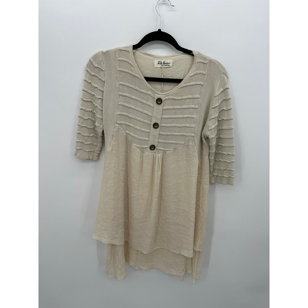 Selfie Couture Layered Knit Tunic Top Beige Boho Button Front‎ Women M/L Flowy